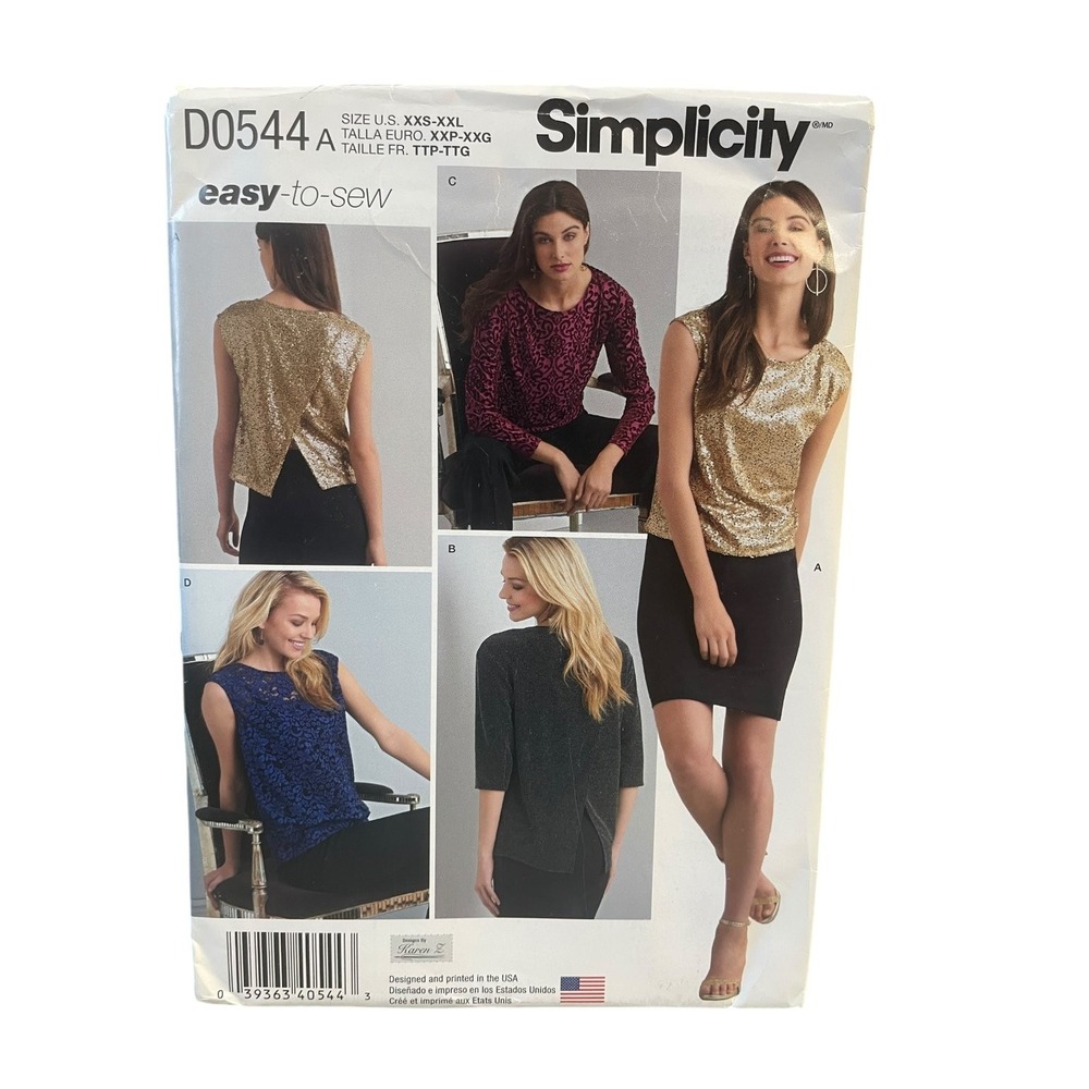 Simplicity D0544 Top Sewing Pattern Misses XXS-XXL Easy Back Vent Sleeveless